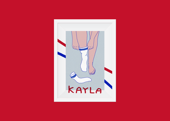 Framed illustration: Kayla putting on socks