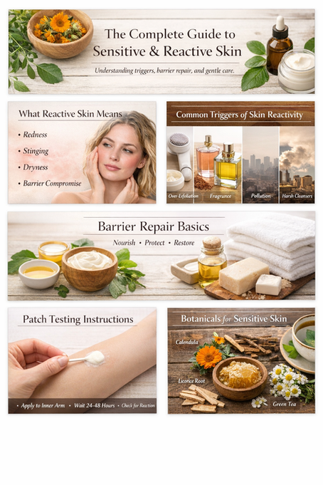 Botanical skincare products and herbs representing a guide to sensitive and reactive skin care.