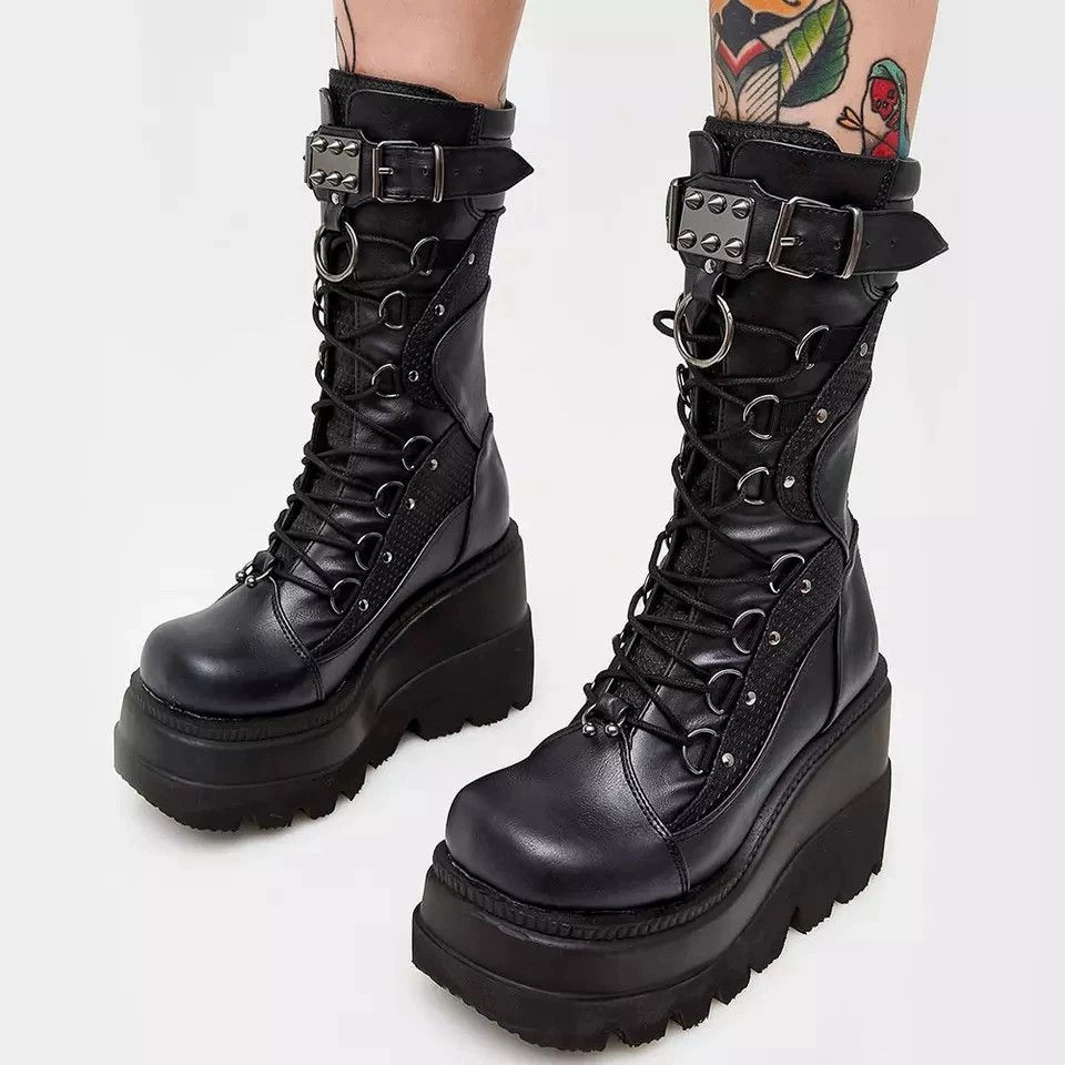 Lace-Up Combat Motorcycle Black Buckle Boots
