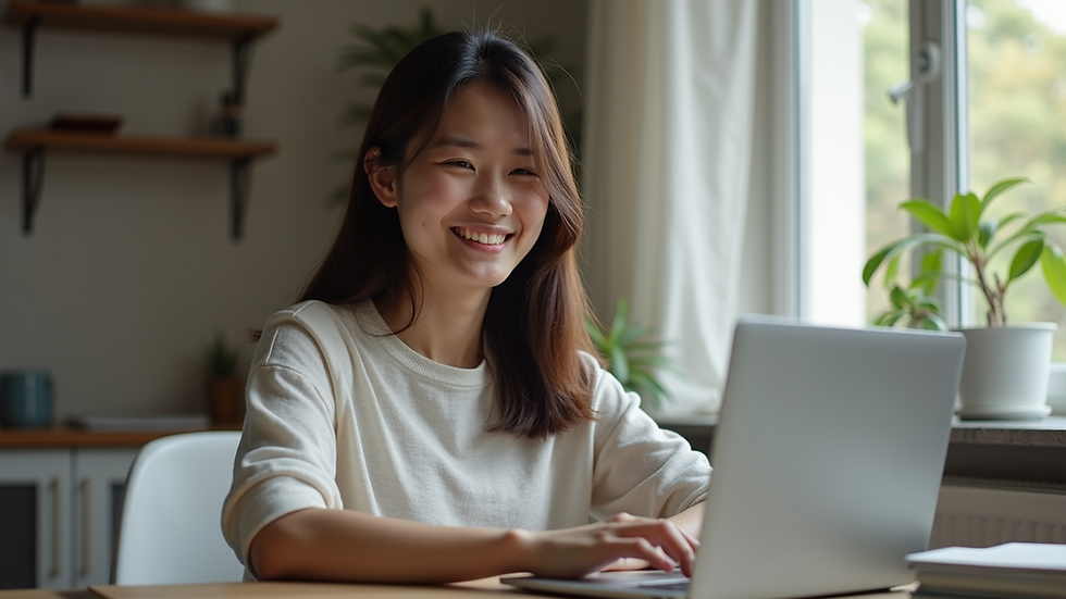 Eye-level view of a student smiling while working on a laptop at home