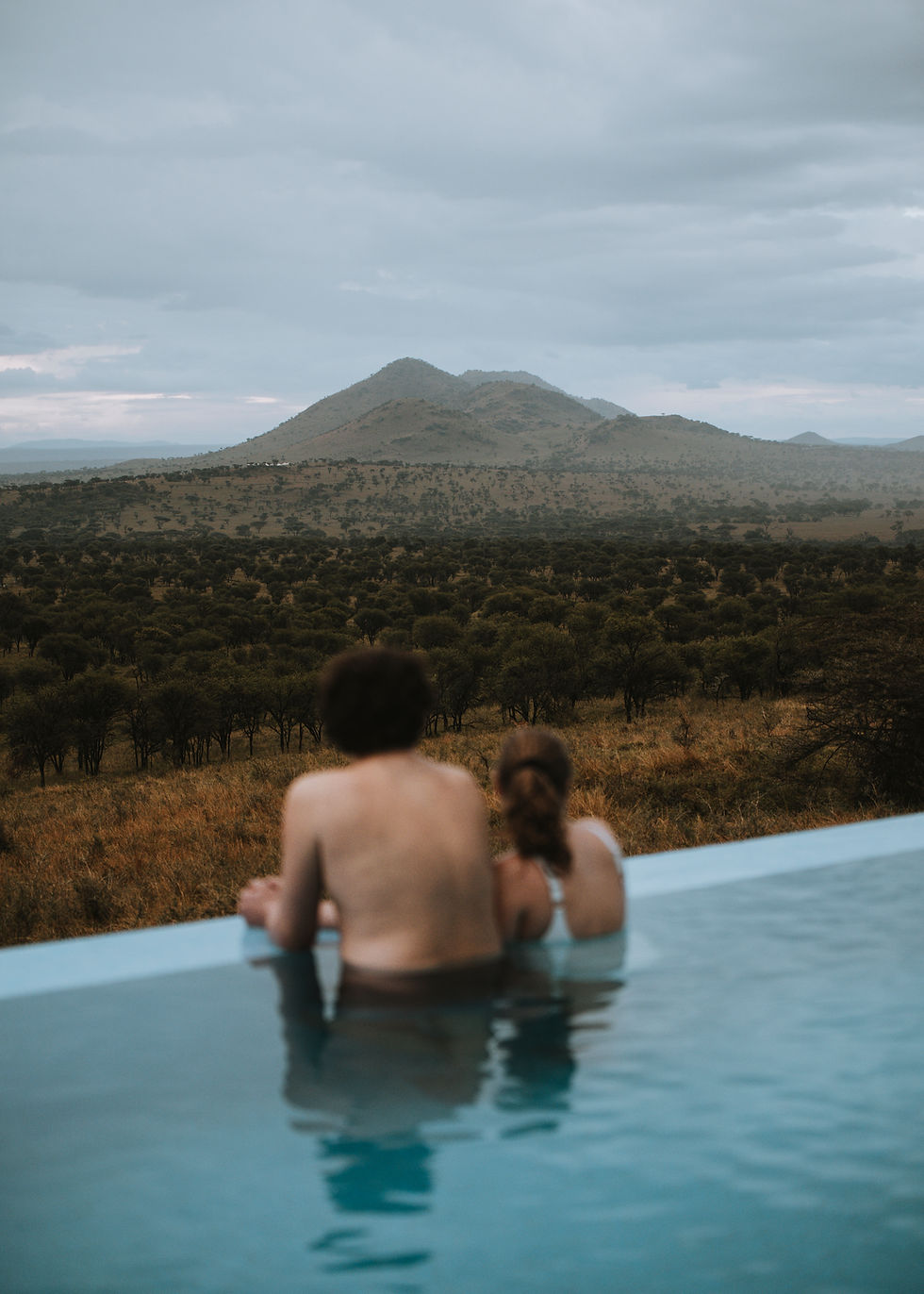 Two people in a pool overlook a scenic landscape with rolling hills and a cloudy sky, evoking a serene and contemplative mood.