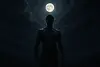 Silhouetted male figure standing beneath a full moon against a dark, clouded night sky.
