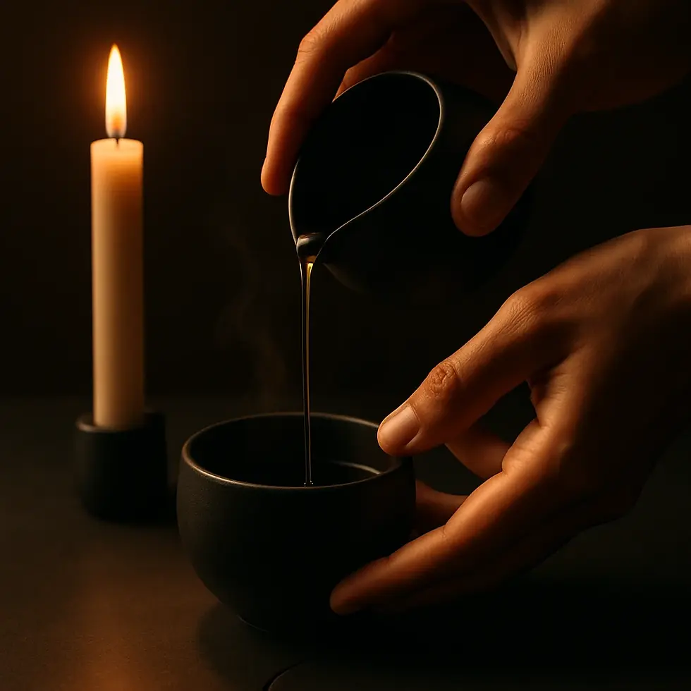 Infusing the Current: Hands pouring golden oil by candlelight. Daeluge ritual tools for transmuting pleasure into power.