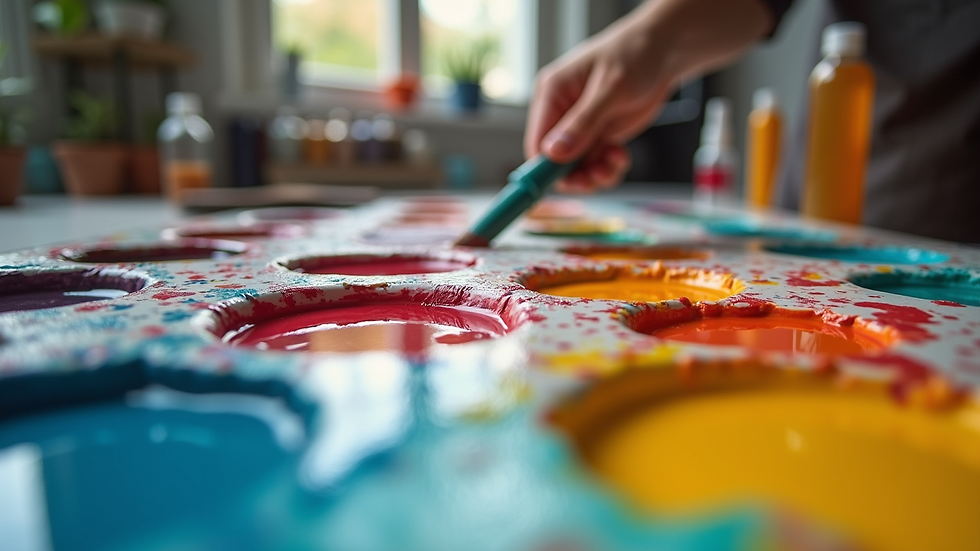 Eye-level view of a colorful acrylic painting palette