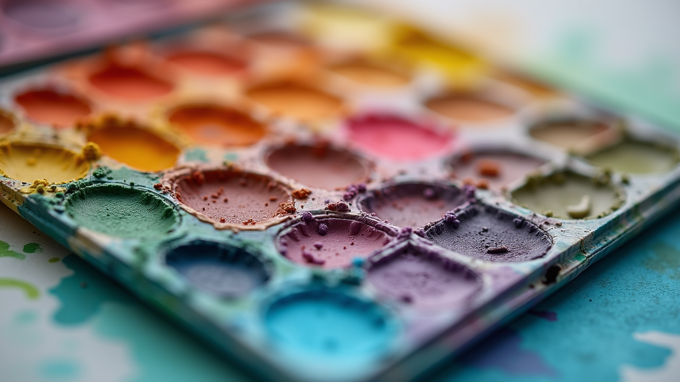 Close-up view of a watercolor palette with vibrant colors