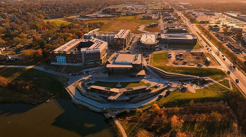 Aerial sunset view of La Vista City Centre buildings