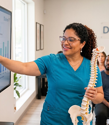 Physical therapist teaching a spinal health workshop.