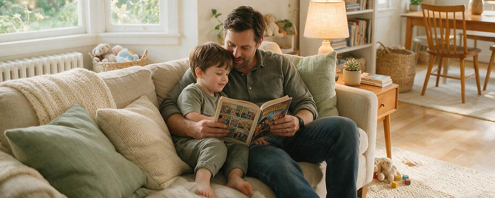 Father and young son reading a book on a cozy sofa.