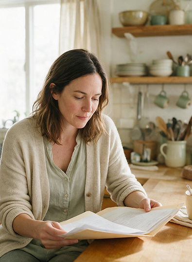 Woman in a kitchen reading lab testing results.