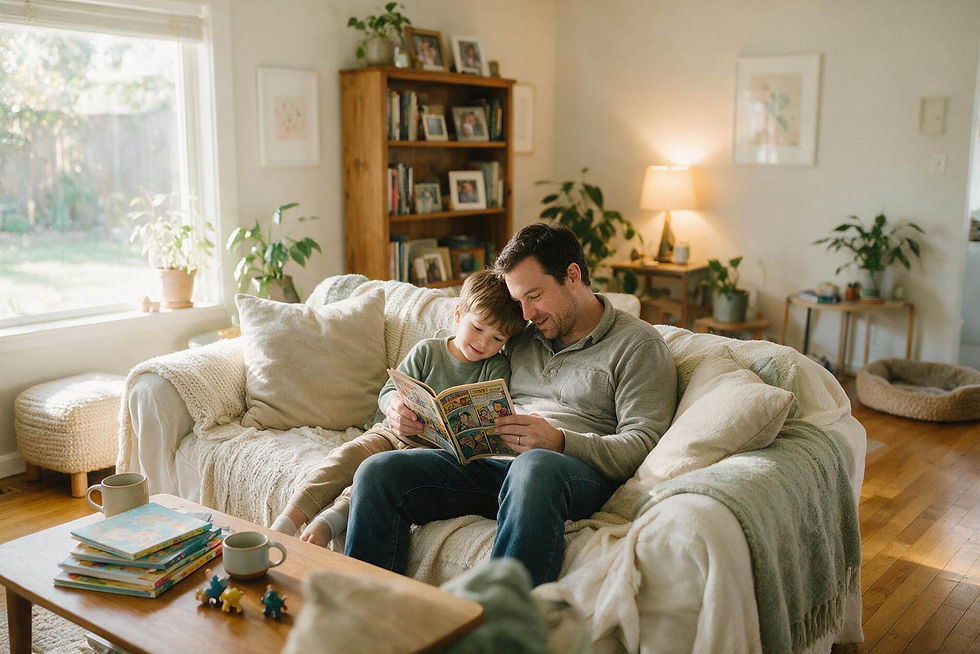 A father and son reading a book together on a sofa.