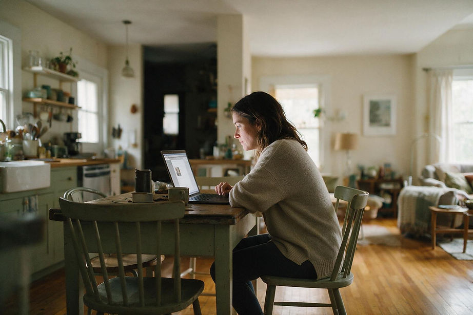 Woman sitting at a kitchen table working on a laptop.