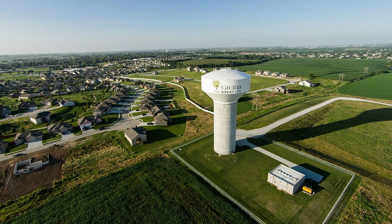 Aerial view of Gretna NE water tower and neighborhood.