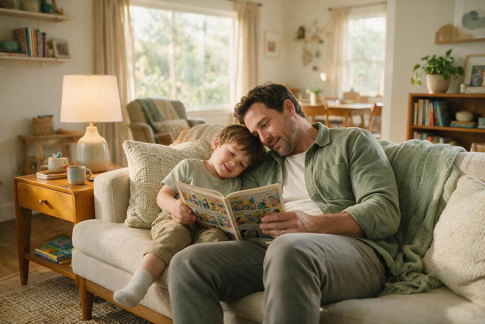 Father reading to young son on a cozy living room sofa