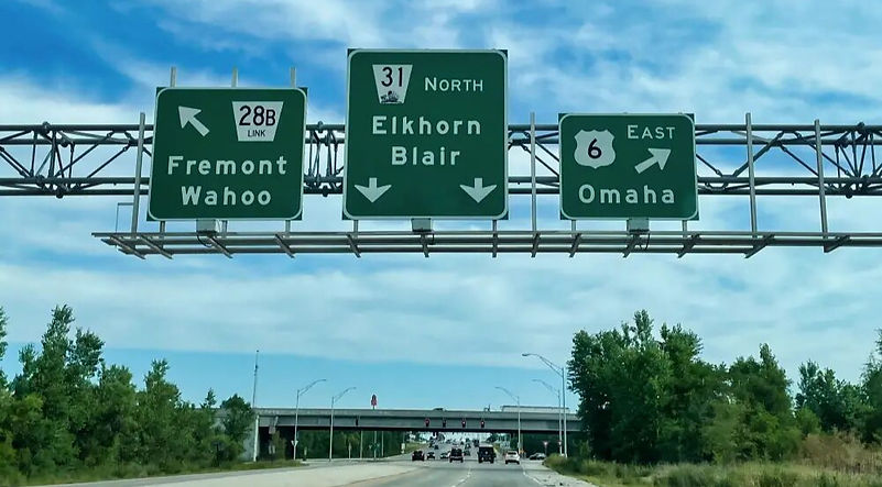 Highway signs for Elkhorn, Blair, Omaha, and Fremont.