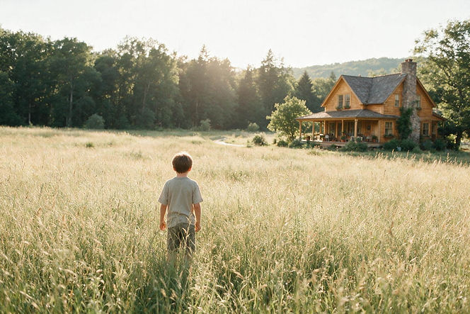 Boy in a tall grass field near a house in tick habitat.