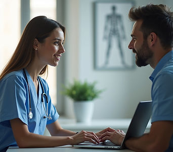 Smiling female nurse consulting with a patient at a laptop