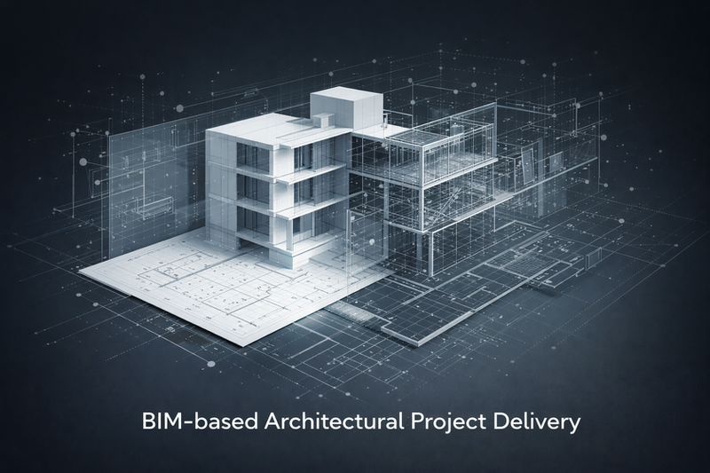 BIM-based project delivery illustrated through a coordinated architectural BIM model, showing integr