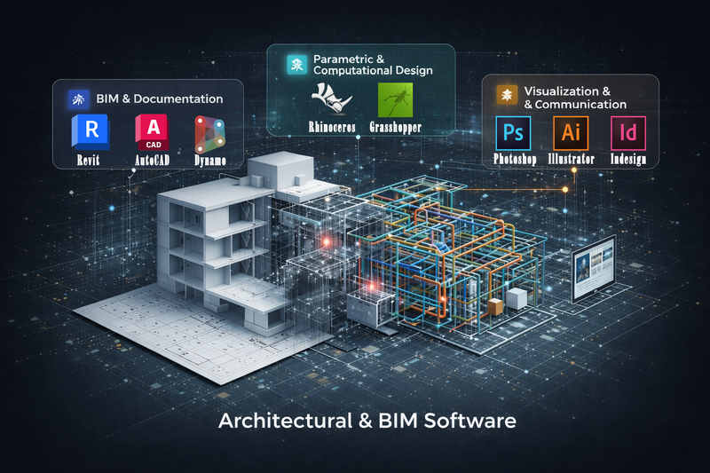 Architectural & BIM software workflow showing parametric design, BIM modeling, and digital documenta