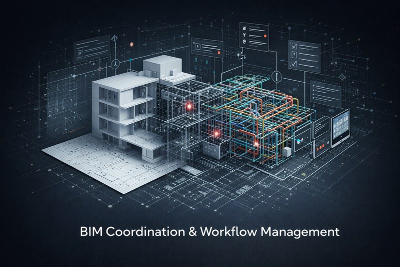 BIM coordination & management visualization showing coordinated architectural, structural, and MEP m