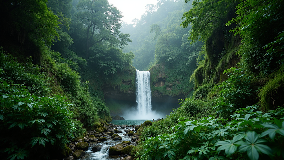 Wide angle view of lush rainforest with a waterfall
