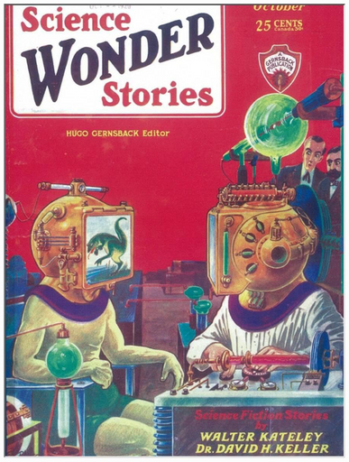Retro futurist art cover of Science Wonder Stories magazine from October 1929, featuring vintage sci fi art by Frank R. Paul. The sci fi illustration depicts two figures in elaborate brass diving helmet-like apparatus working in a laboratory setting. One figure wears a helmet with viewing windows and dials, while the other has a more complex helmet with protruding elements and green glowing components. The scene includes scientific equipment, glass beakers with green liquid, and laboratory instruments against a red background. The magazine cost 25 cents and was edited by Hugo Gernsback, with stories by Walter Kateley and Dr. David H. Keller. The artwork exemplifies classic pulp magazine aesthetic with its bold colors and imaginative scientific imagery typical of early 20th century science fiction illustration.