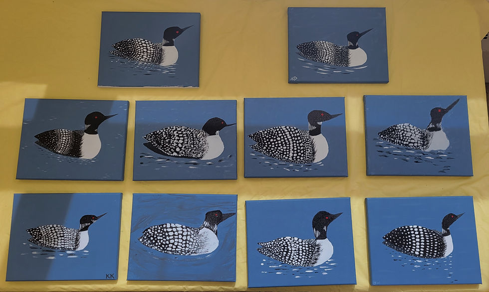 Ten paintings of loons on blue canvases with black and white details, displayed on a yellow background. Subtle differences.