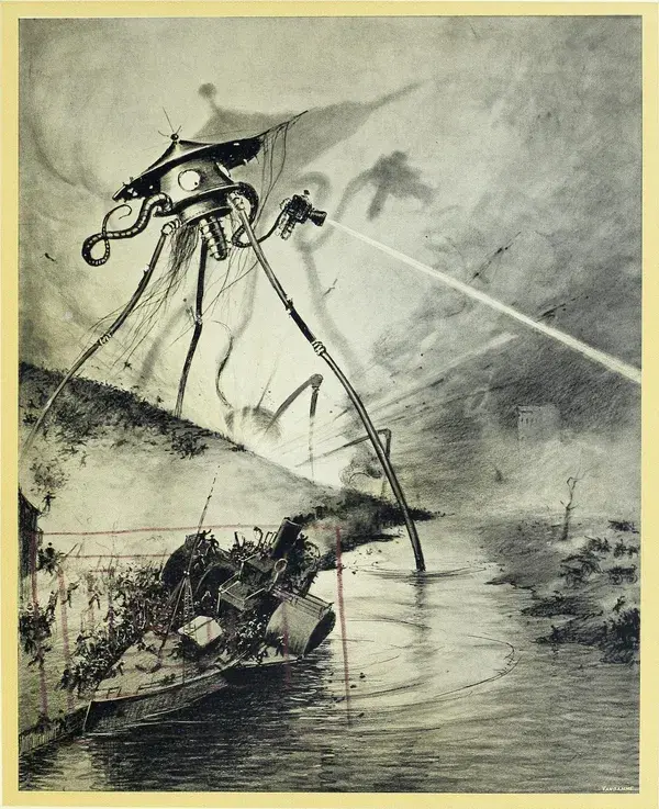 Giant alien tripod with tentacles shoots beam in foggy landscape. Crashed ship in foreground. Dramatic and eerie scene. Old illustrative style.