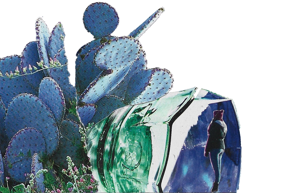 Mixed media collage artwork featuring a blue prickly pear cactus with detailed pad segments and spines, positioned next to geometric shapes including a large green spiral form and angular blue panels. The composition combines natural desert flora with retrofuturist art elements in a vintage inspired aesthetic. Created using traditional collage techniques with layered papers and mixed materials, showing the distinctive textural quality of analog collage work by artist Gwena Dye Pringle.
