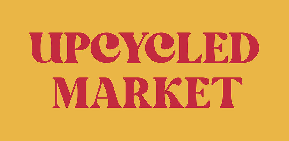 Orange retro style text saying Upcycled Marketon a yellow background. Fun, funky vibes.