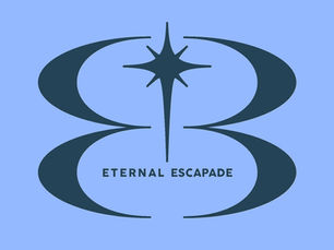 Abstract logo with a star-like design above the text "Eternal Escapade" in dark blue on a light blue background.