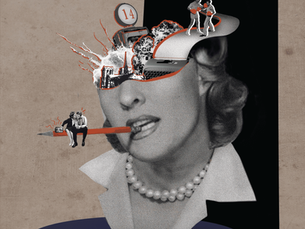 Digital collage artwork titled 'Power of Creativity II' by Gwena Dye Pringle of Eternal Escapade, featuring a surreal composition of a woman's head and shoulders in black and white with her brain opened to reveal miniature figures, vintage machinery, and industrial elements with orange accent colors. This meaningful artwork by the St Paul artist explores themes of creativity and morality through retro futurist art aesthetics, combining vintage inspired art elements with contemporary digital collage techniques. The piece serves as the feminine counterpart to 'Power of Creativity I,' showcasing Eternal Escapade's experimental art style of blending human anatomy with mechanical and fantastical elements to visualize a meaningful concept.