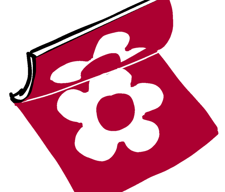 Retro-style cartoon of a linocut print peeling back and leaving an impression of its mirrored design. Floral, retro vibes.