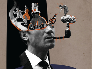 Surreal collage with a man's profile and a pipe. Stairs, dancers, and a cityscape emerge from his head. Atomic cloud and woman in gray.