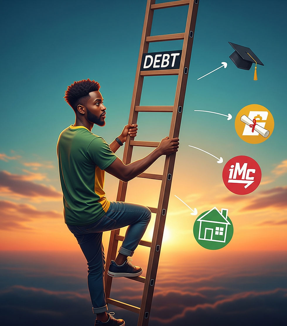 A ladder labeled “Debt” helping someone climb toward their goals.
