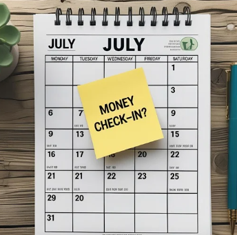 A calendar page on July with a little sticky note: “Money Check-In?