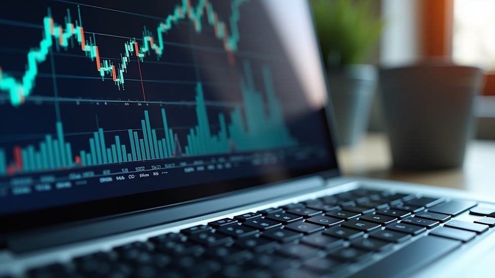 Close-up of a laptop screen showing financial graphs and accounting software