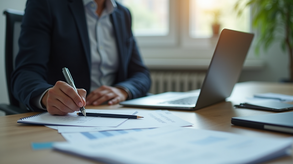 Eye-level view of a modern office workspace with a laptop and business documents