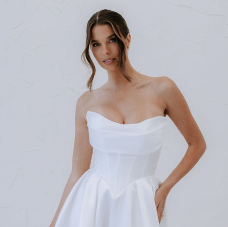 Model in simple Mikado A-line Wedding Dress available at The Corner Atelier, Manchester, Bury, Wedding Dress Boutique, Kelly Lin Bridal