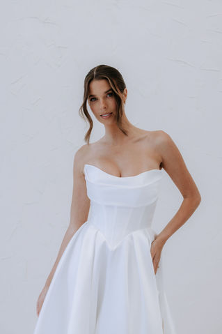 Model in simple Mikado A-line Wedding Dress available at The Corner Atelier, Manchester, Bury, Wedding Dress Boutique,  Kelly Lin Bridal 