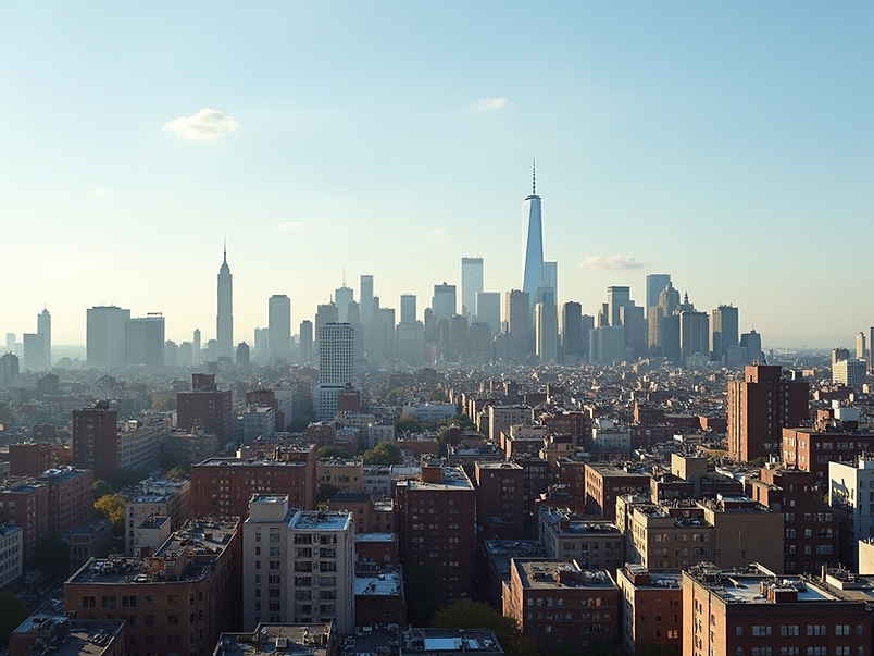 New York City skyline with diverse residential buildings under a clear sky, representing u