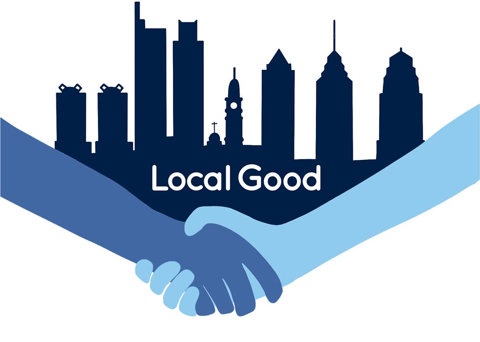 two hands sharking each other with the city skyline. Local Good is written onthe Skyline.