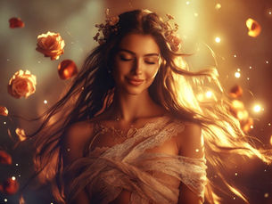 “Divine feminine priestess with soft smile and closed eyes, long flowing hair with flowers, wrapped in delicate lace and golden light. She is bathed in warm golden frequency light, rose petals and soft energy orbs floating around her. Sacred, hypnotic, liberated feminine power, Sophia-Kristus essence, ethereal and magical atmosphere –ar 16:9 –stylize 600”  Lionheart Hypnoterapi, Lena, Innlandet, Norway