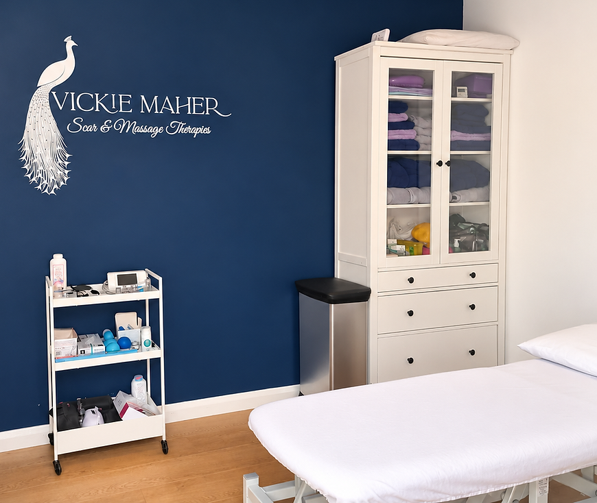 Bright Navy Therapy Room with Peacock Logo
