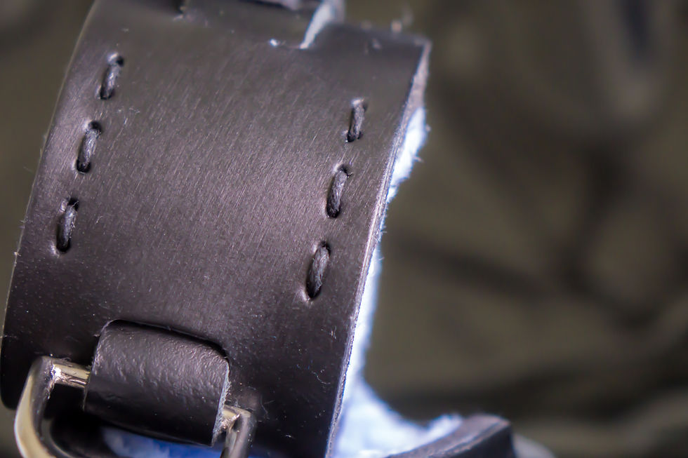 Thumbnail: Handmade black  leather, fleece, brass fittings, wrist restraints/cuffs