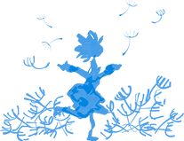 Sketch of blue little giant girl playing in dandelion seed pile