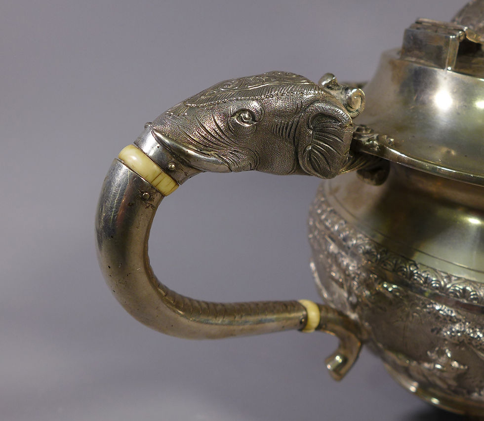 Thumbnail: Fine Antique Indian Silver Three Piece Elephant Tea Set CKC & Sons Bangalore