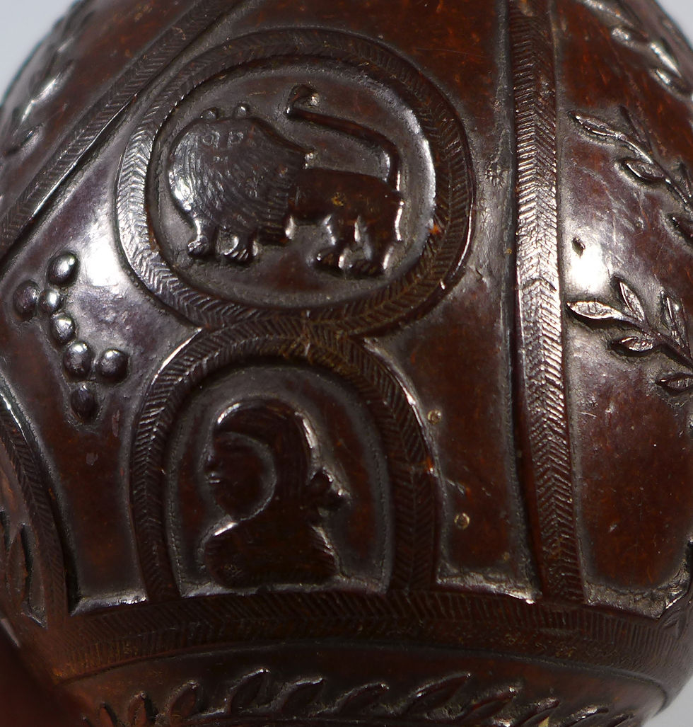 Thumbnail: Fine Treen Antique Commemorative Carved Coconut Bug Bear Powder Flask