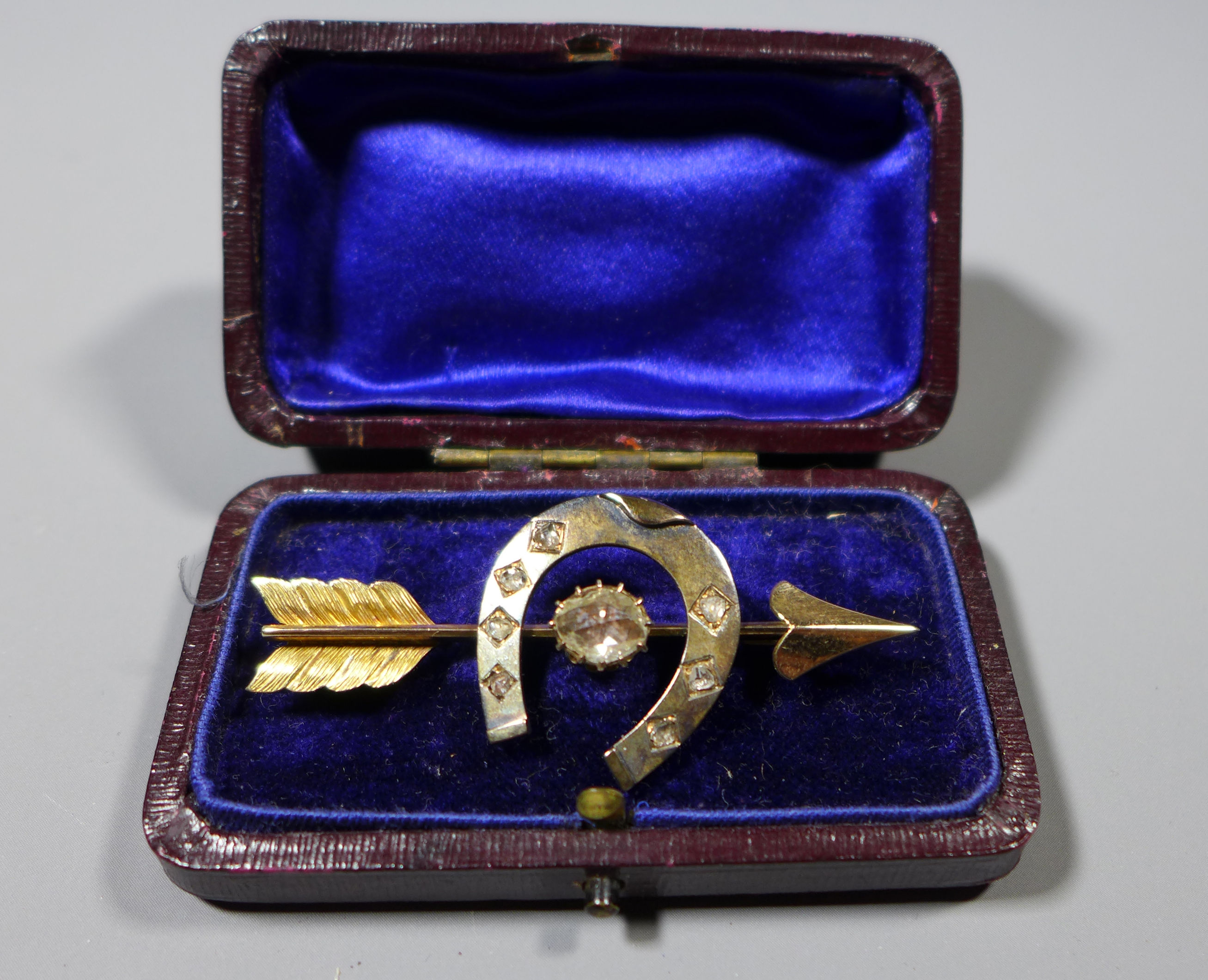 Fine 19th C. Antique 15 Carat Gold Rose Cut Diamond Arrow Brooch in Box main