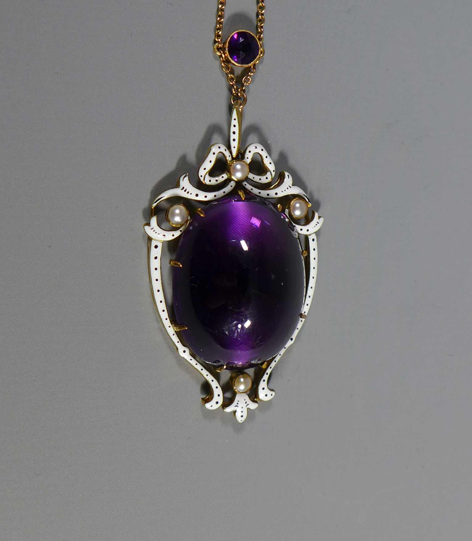 Fine Antique Belle Epoch Large Cabochon Amethyst Enamel Pendant Necklace