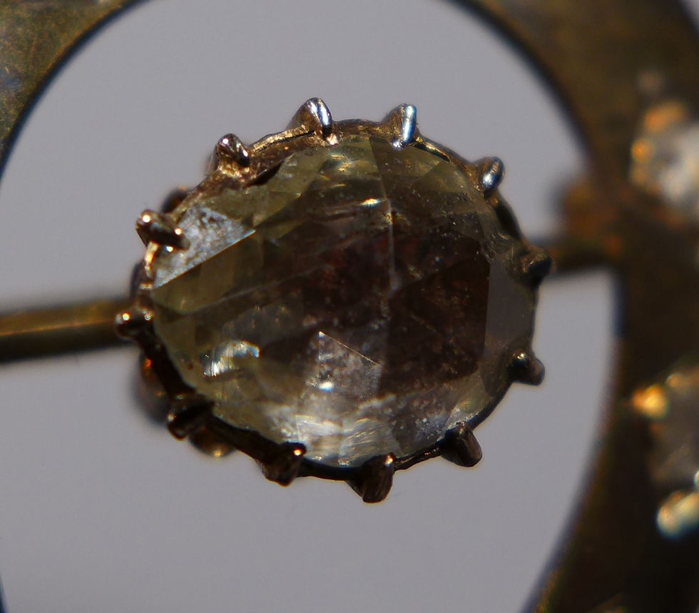 Thumbnail: Fine 19th C. Antique 15 Carat Gold Rose Cut Diamond Arrow Brooch in Box close up